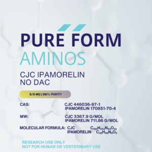 A card explaining the molecular breakdown of our CJC Ipamorelin NO DAC 5/5mg product