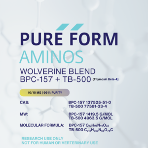 A card explaining the molecular breakdown of our Wolverine Blend, BPC-157 + TB-500 10/10mg product