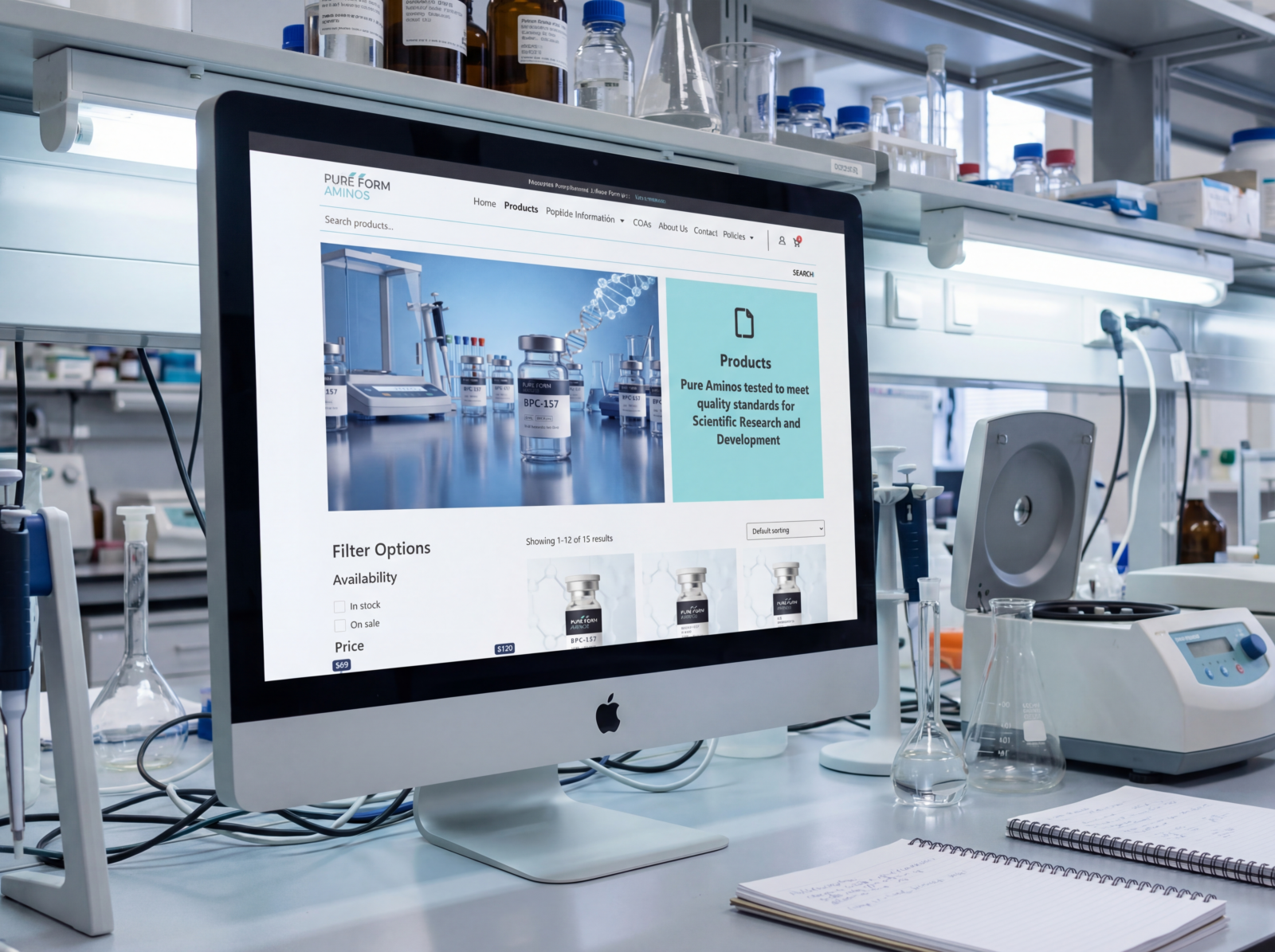 This image shows an Apple iMac monitor turned on in the middle of a medical lab, with the screen showing a web browser on the Pure Form Aminos website, showcasing the Pure Form Aminos product gallery