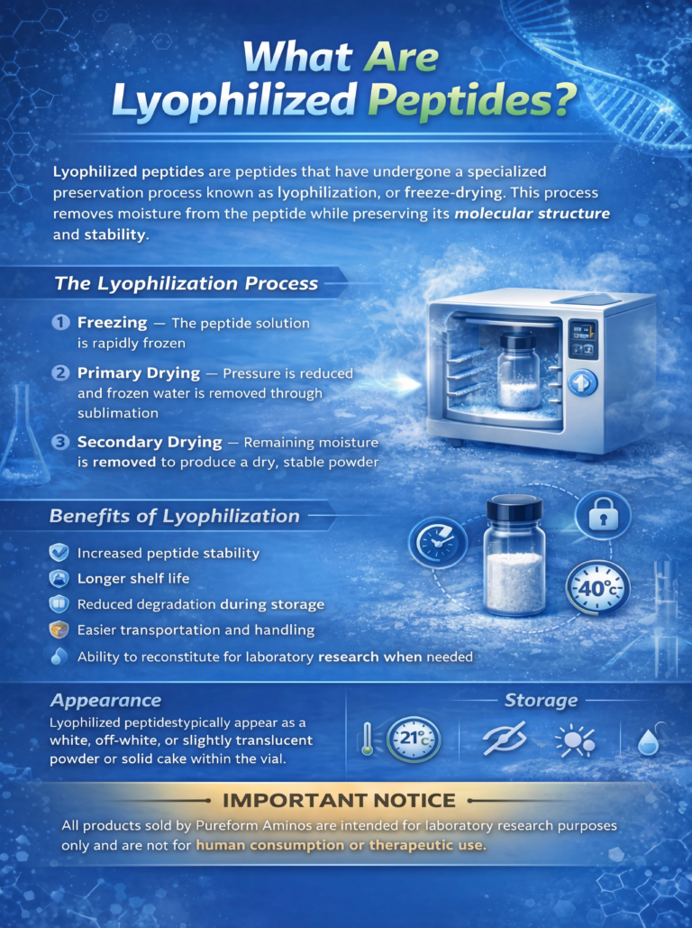 An image with a bold blue, scientific looking background explaining to customers what exactly are lypholized peptides and what are the benefits of lypholization