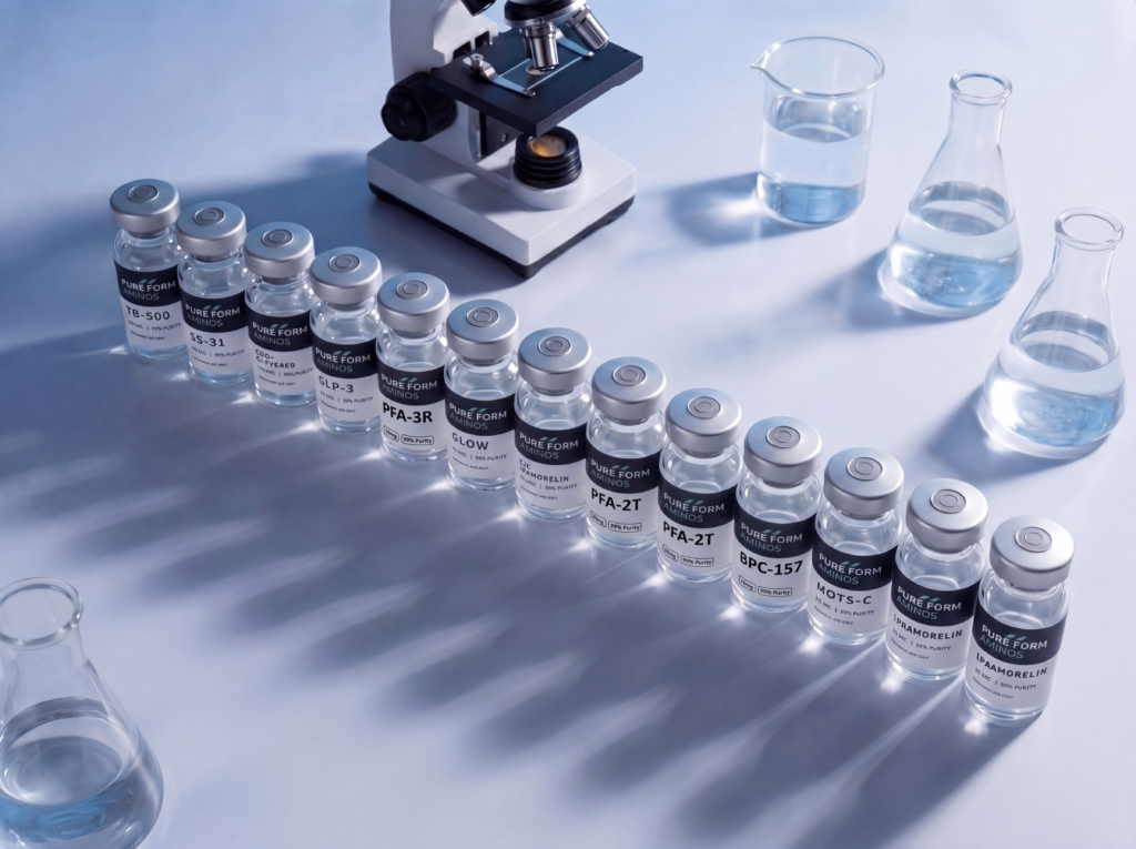 A lineup of various vials of Pure Form Aminos products