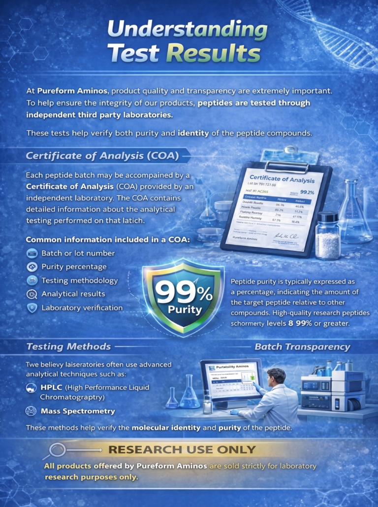 An image with a bold blue, scientific looking background explaining how customers can understand the 3rd-Party Test Results of all Pure Form Aminos products